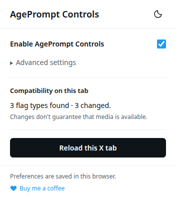 X Media Controls popup with its main switch, collapsed advanced settings, compatibility status, and reload button.